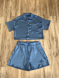 Baby Blue Satin Crop Button Down & Shorts